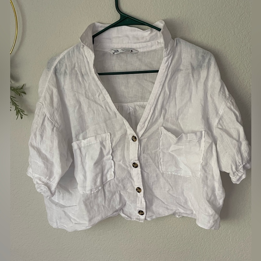 Zara white linen button up blouse.